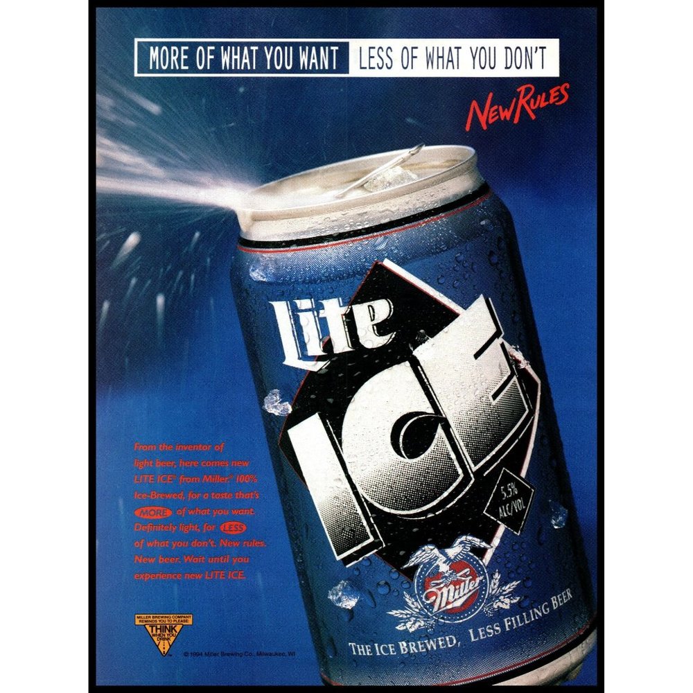 1994 Miller Lite Ice Beer Vintage Print Ad Open Blue Can Wall Art Photo